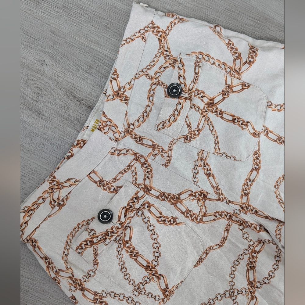 Maeve Anthropologie Cream Wide-Leg Flowy Cropped Chain Print Palazzo Pants Sz 14 - Picture 6 of 12